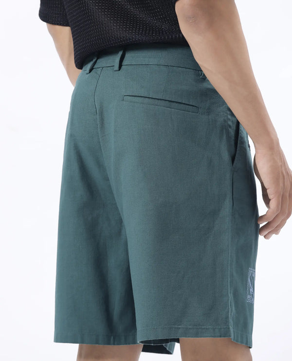 Rare Rabbit Men's Jarny-B Green Button Closure Regular Fit Embroidered Shorts