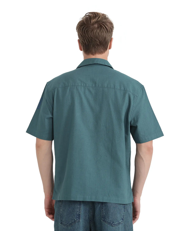 Rare Rabbit Men Jarny Green Cotton Fabric Half Sleeve Cuban Collared Embroidered Shirt