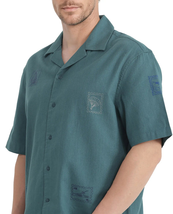 Rare Rabbit Men Jarny Green Cotton Fabric Half Sleeve Cuban Collared Embroidered Shirt
