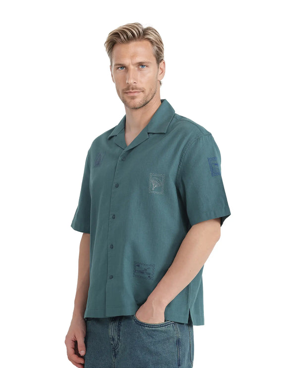 Rare Rabbit Men Jarny Green Cotton Fabric Half Sleeve Cuban Collared Embroidered Shirt