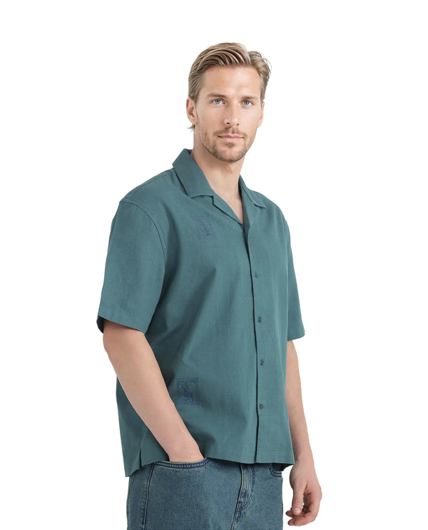 Rare Rabbit Men Jarny Green Cotton Fabric Half Sleeve Cuban Collared Embroidered Shirt