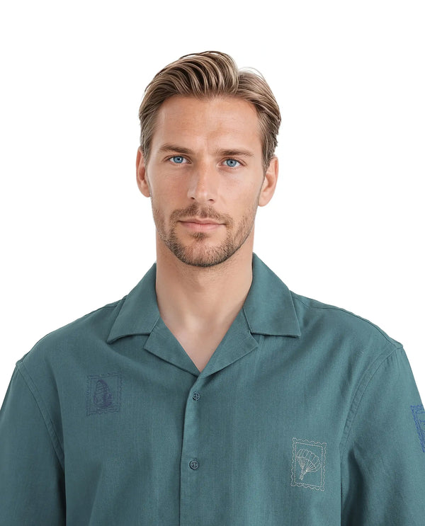 Rare Rabbit Men Jarny Green Cotton Fabric Half Sleeve Cuban Collared Embroidered Shirt