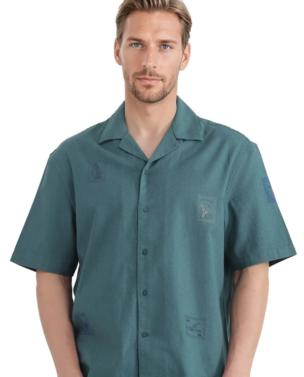 Rare Rabbit Men Jarny Green Cotton Fabric Half Sleeve Cuban Collared Embroidered Shirt