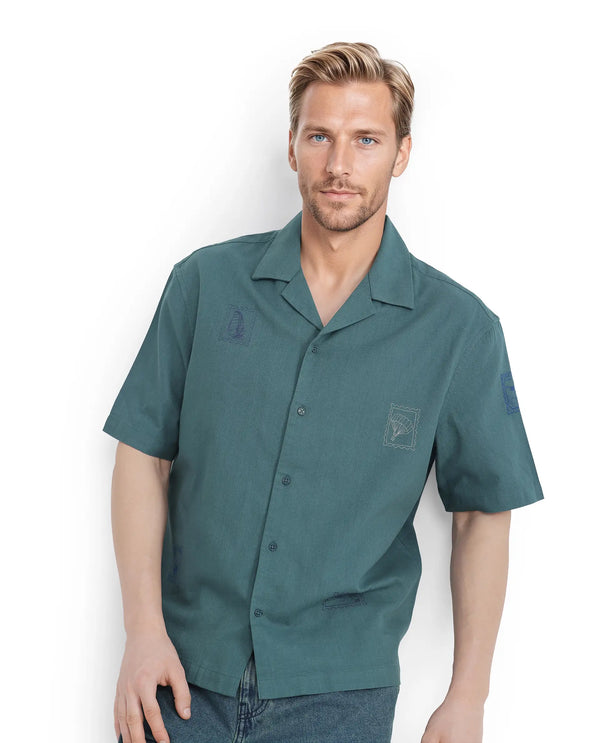 Rare Rabbit Men Jarny Green Cotton Fabric Half Sleeve Cuban Collared Embroidered Shirt