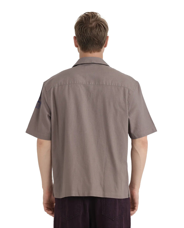 Rare Rabbit Men Jarny Light Brown Cotton Fabric Half Sleeve Cuban Collared Embroidered Shirt