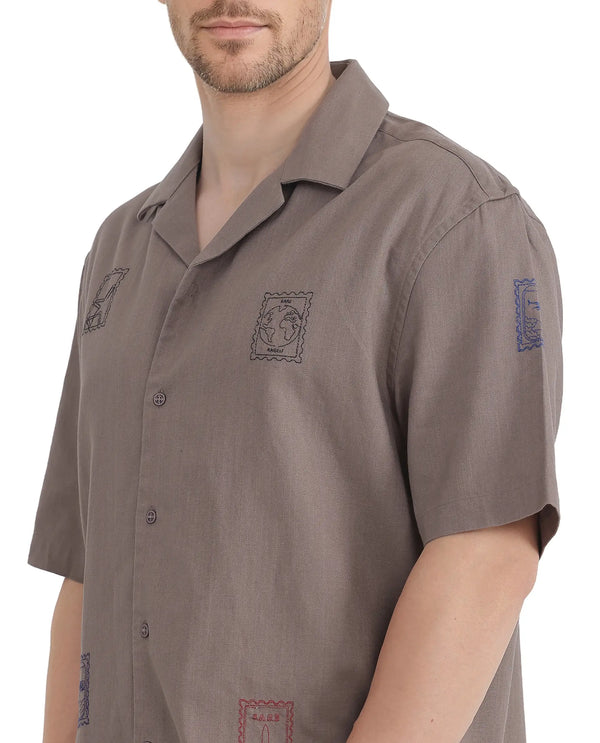 Rare Rabbit Men Jarny Light Brown Cotton Fabric Half Sleeve Cuban Collared Embroidered Shirt