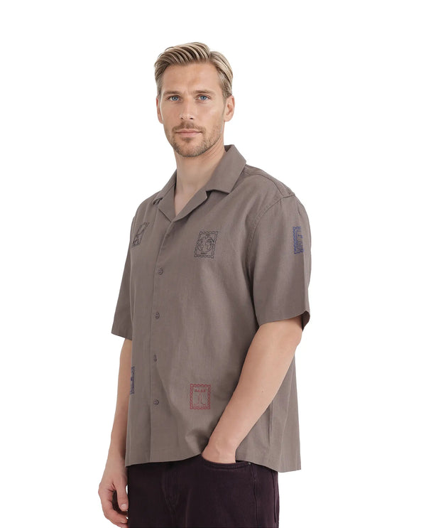 Rare Rabbit Men Jarny Light Brown Cotton Fabric Half Sleeve Cuban Collared Embroidered Shirt