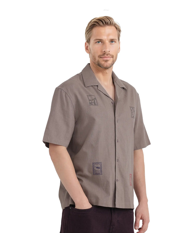 Rare Rabbit Men Jarny Light Brown Cotton Fabric Half Sleeve Cuban Collared Embroidered Shirt