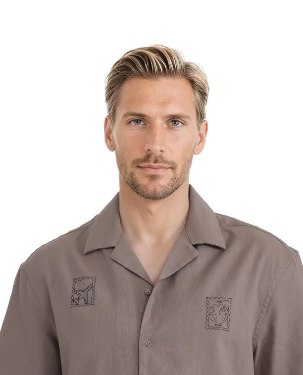 Rare Rabbit Men Jarny Light Brown Cotton Fabric Half Sleeve Cuban Collared Embroidered Shirt
