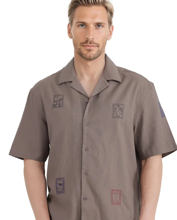 Rare Rabbit Men Jarny Light Brown Cotton Fabric Half Sleeve Cuban Collared Embroidered Shirt