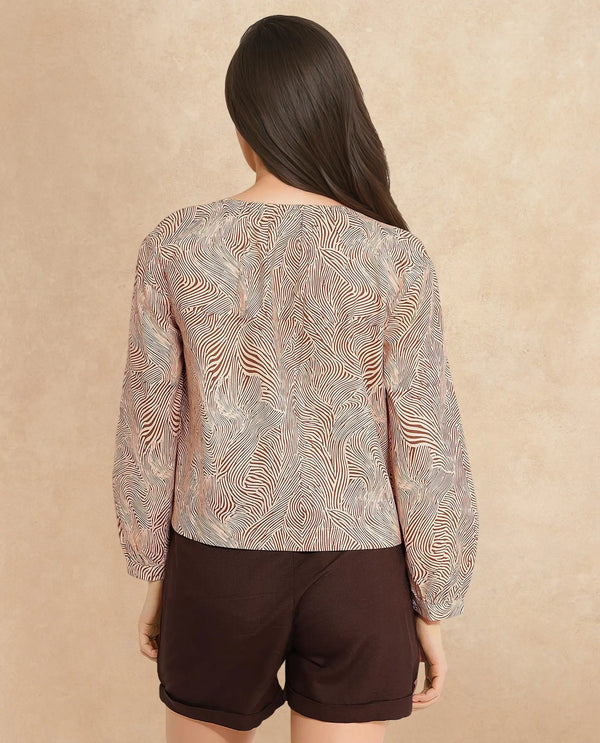 Rareism Women Jaylone SC Beige Cuffed Sleeve Round Neck Button Geometric Print Top
