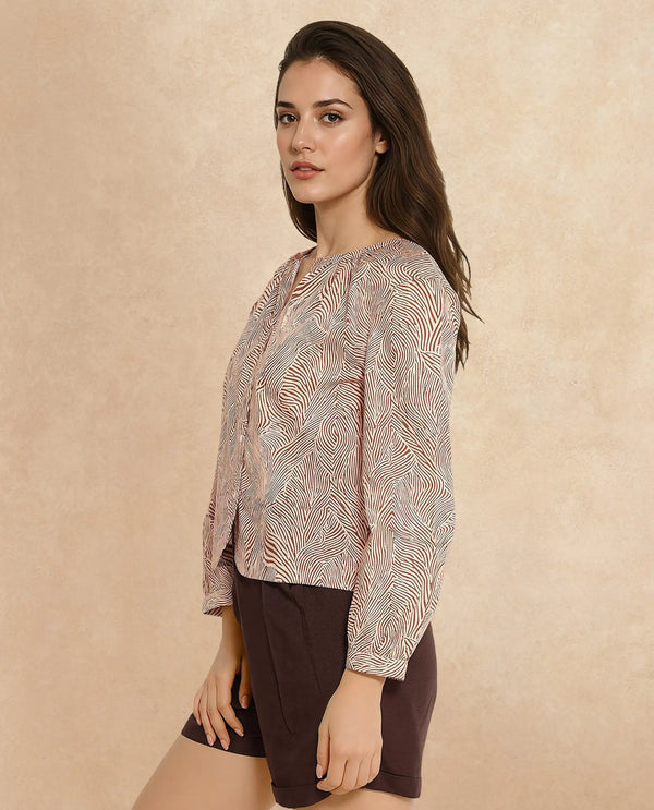 Rareism Women Jaylone SC Beige Cuffed Sleeve Round Neck Button Geometric Print Top