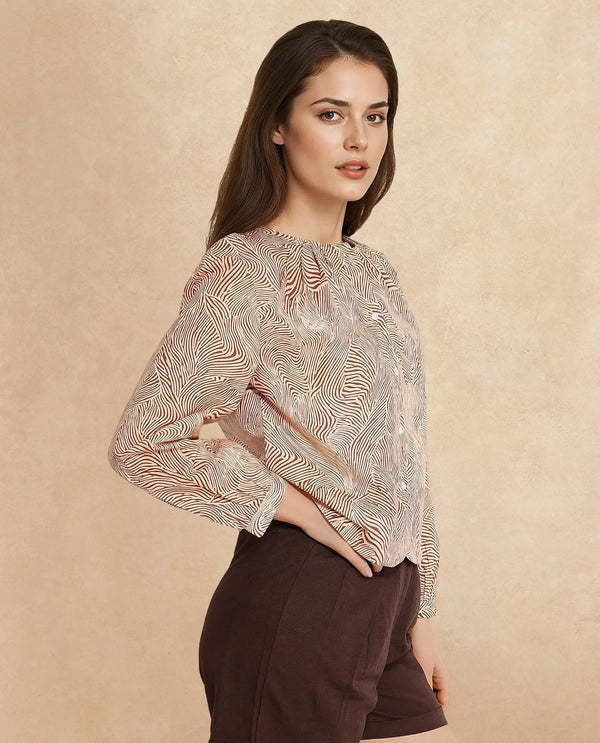 Rareism Women Jaylone SC Beige Cuffed Sleeve Round Neck Button Geometric Print Top