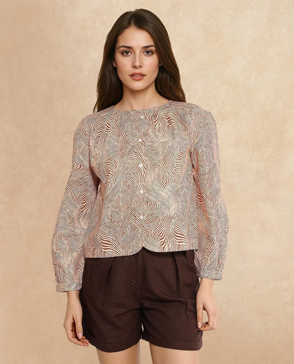 Rareism Women Jaylone SC Beige Cuffed Sleeve Round Neck Button Geometric Print Top