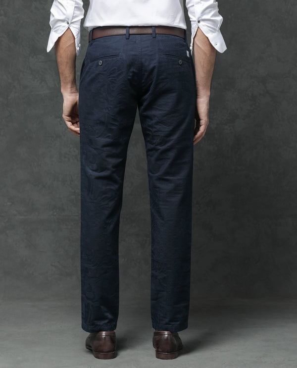 Rare Rabbit Mens Jeck-1 Navy Cotton Regular Fit Jacquard Texture Trouser