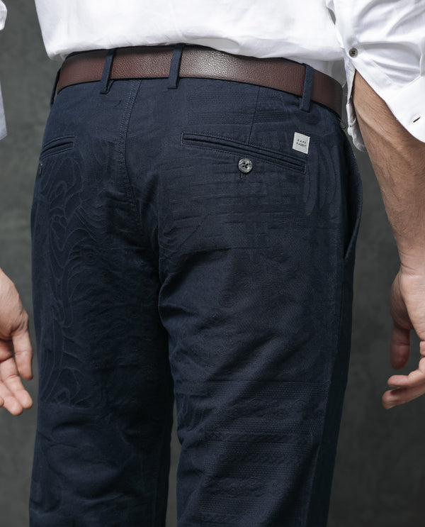 Rare Rabbit Mens Jeck-1 Navy Cotton Regular Fit Jacquard Texture Trouser