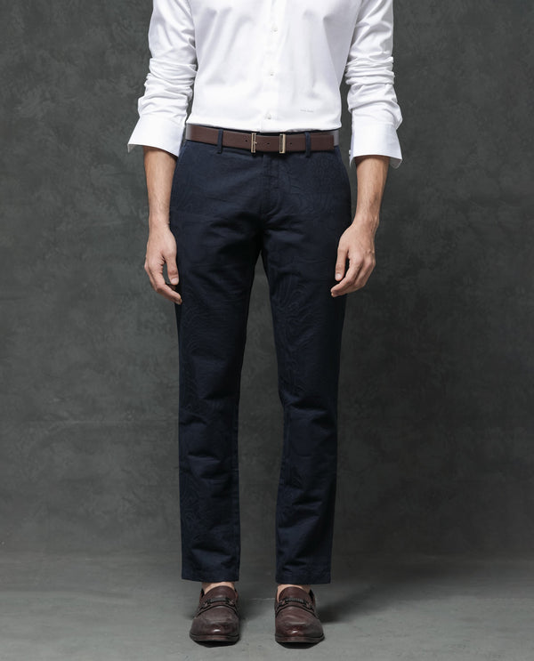 Rare Rabbit Mens Jeck-1 Navy Cotton Regular Fit Jacquard Texture Trouser