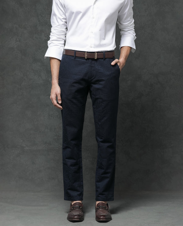 Rare Rabbit Mens Jeck-1 Navy Cotton Regular Fit Jacquard Texture Trouser