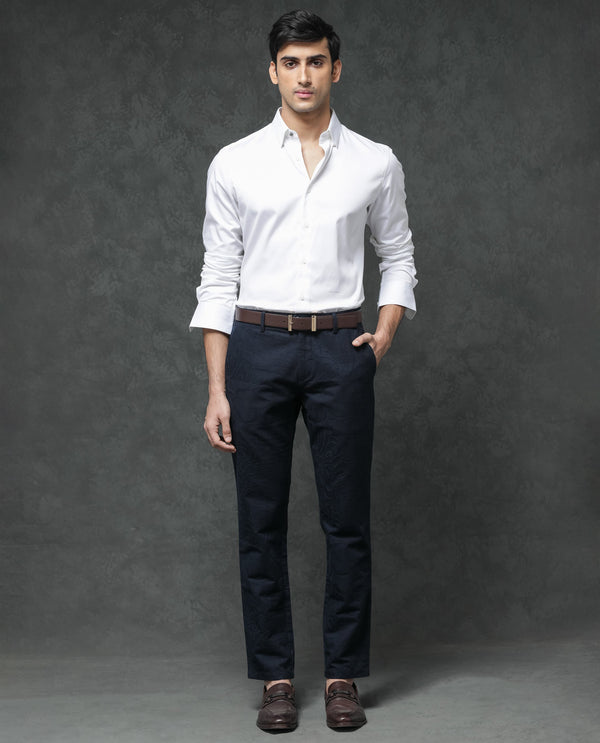 Rare Rabbit Mens Jeck-1 Navy Cotton Regular Fit Jacquard Texture Trouser
