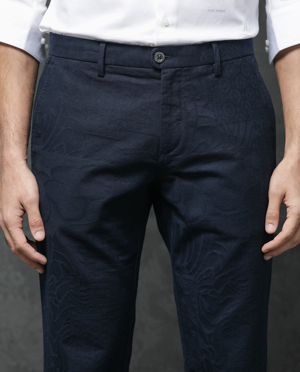 Rare Rabbit Mens Jeck-1 Navy Cotton Regular Fit Jacquard Texture Trouser