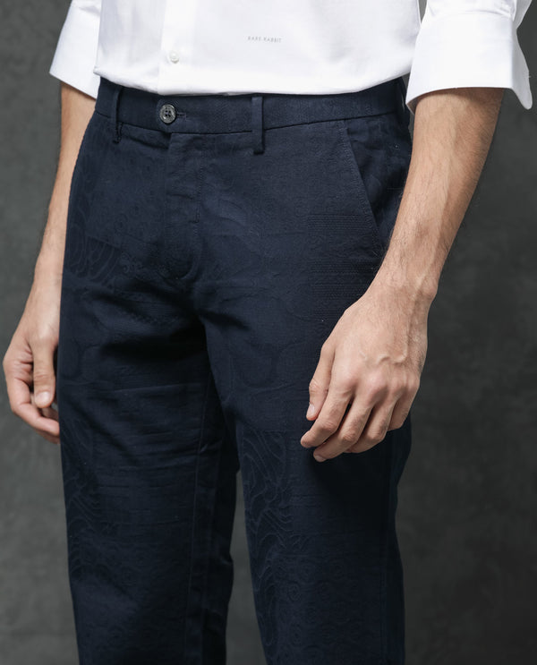 Rare Rabbit Mens Jeck-1 Navy Cotton Regular Fit Jacquard Texture Trouser