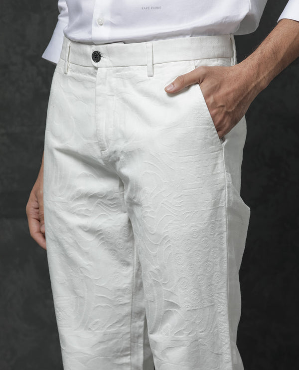 Rare Rabbit Mens Jeck-1 White Cotton Regular Fit Jacquard Texture Trouser