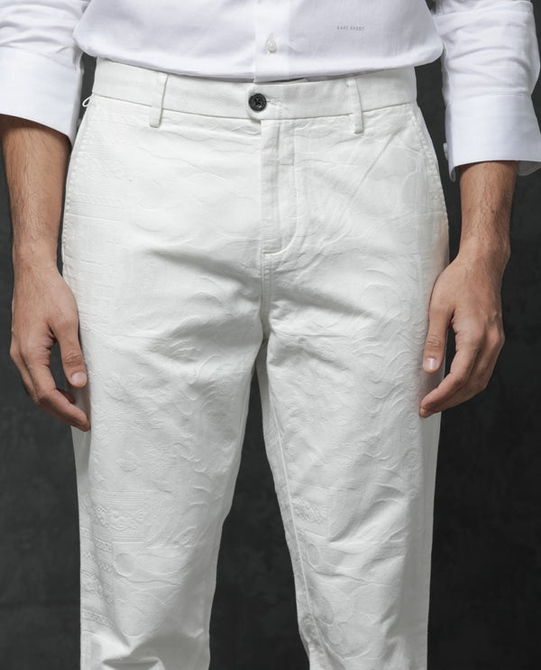 Rare Rabbit Mens Jeck-1 White Cotton Regular Fit Jacquard Texture Trouser