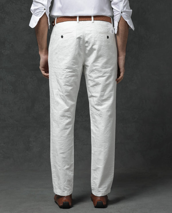 Rare Rabbit Mens Jeck-1 White Cotton Regular Fit Jacquard Texture Trouser