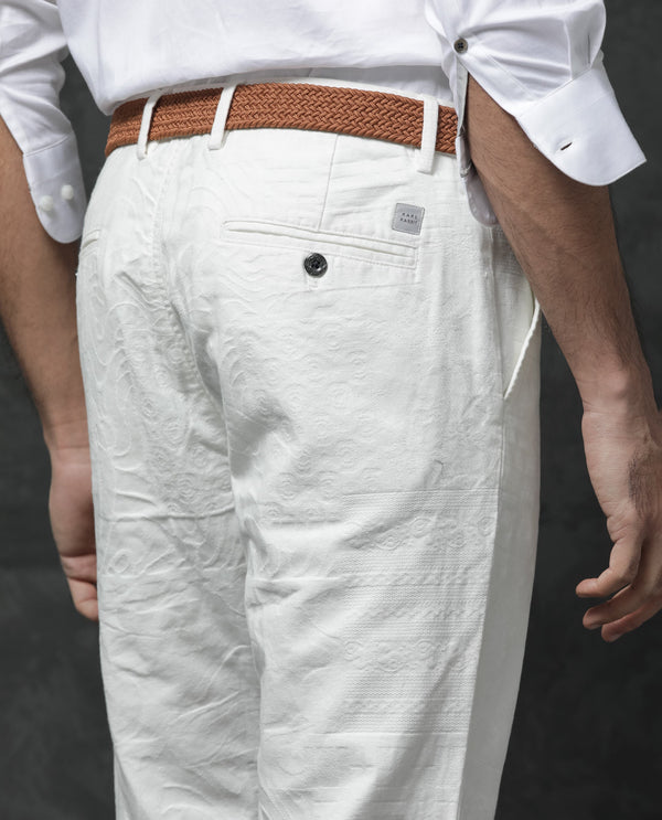 Rare Rabbit Mens Jeck-1 White Cotton Regular Fit Jacquard Texture Trouser
