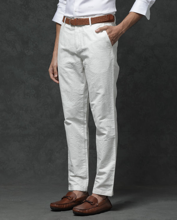 Rare Rabbit Mens Jeck-1 White Cotton Regular Fit Jacquard Texture Trouser