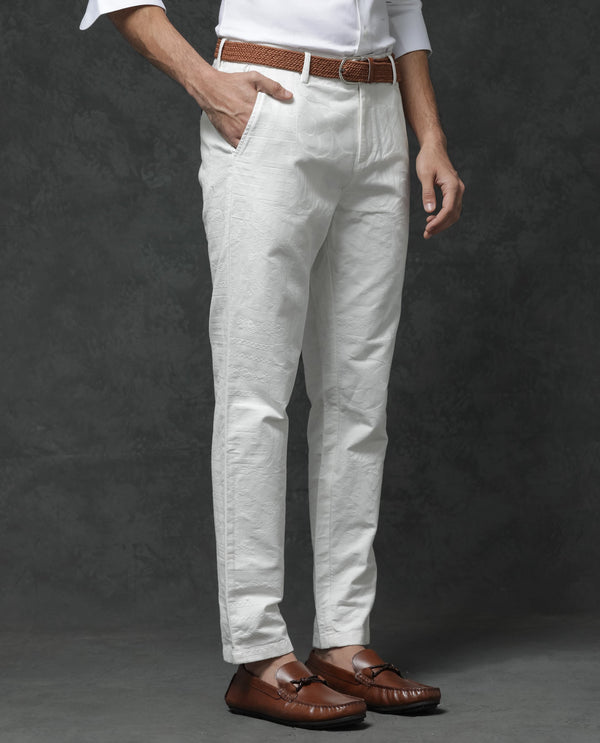 Rare Rabbit Mens Jeck-1 White Cotton Regular Fit Jacquard Texture Trouser