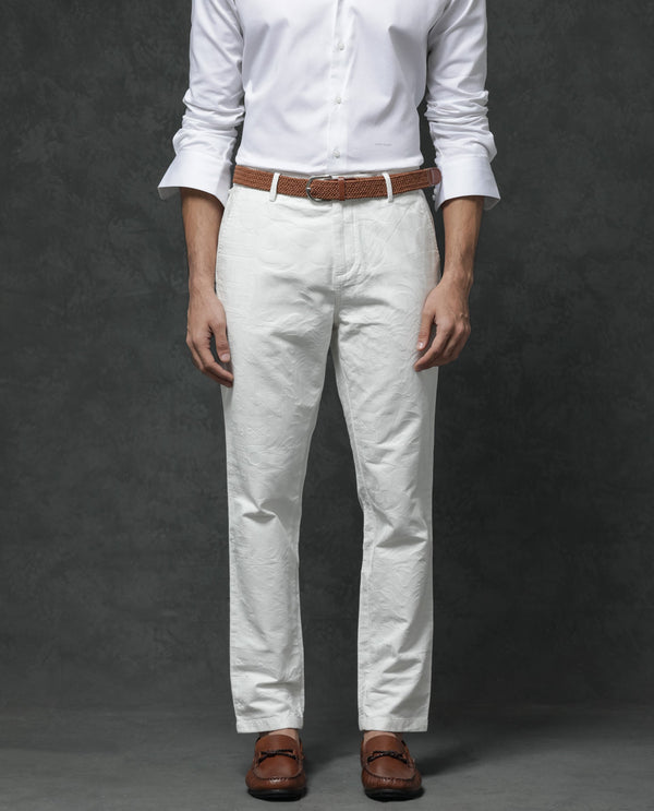Rare Rabbit Mens Jeck-1 White Cotton Regular Fit Jacquard Texture Trouser