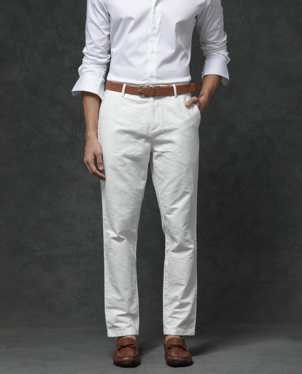 Rare Rabbit Mens Jeck-1 White Cotton Regular Fit Jacquard Texture Trouser
