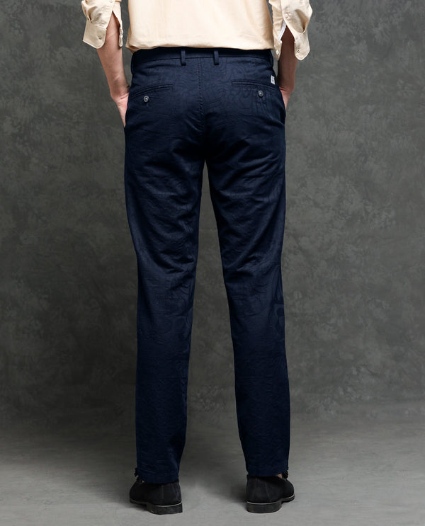 Rare Rabbit Men's Jeck-2 Navy Mid-Rise Regular Fit Premium Jacquard Trouser
