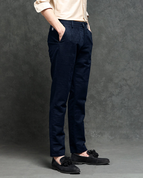 Rare Rabbit Men's Jeck-2 Navy Mid-Rise Regular Fit Premium Jacquard Trouser