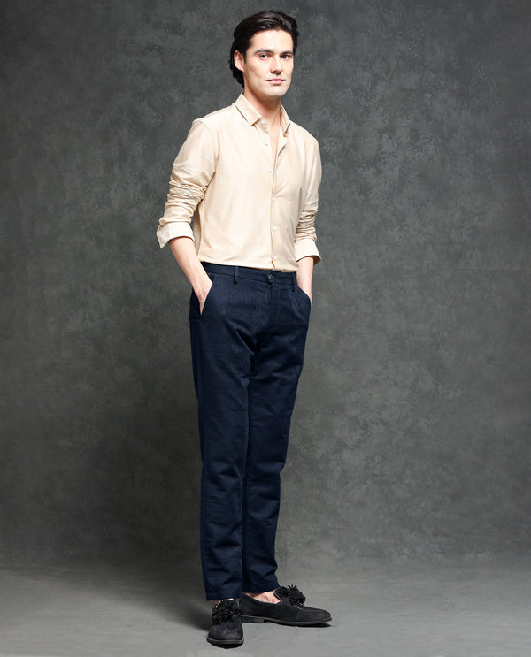 Rare Rabbit Men's Jeck-2 Navy Mid-Rise Regular Fit Premium Jacquard Trouser
