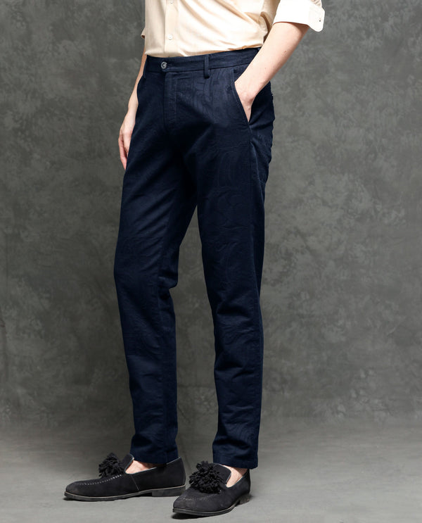 Rare Rabbit Men's Jeck-2 Navy Mid-Rise Regular Fit Premium Jacquard Trouser