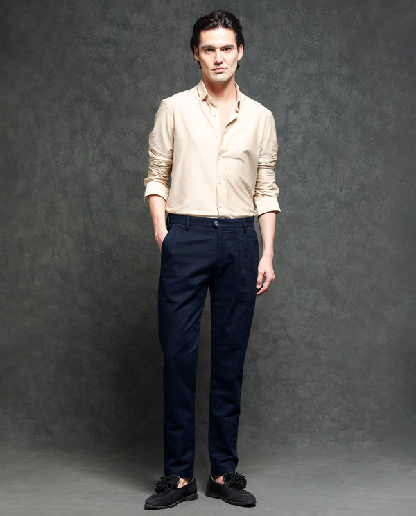 Rare Rabbit Men's Jeck-2 Navy Mid-Rise Regular Fit Premium Jacquard Trouser