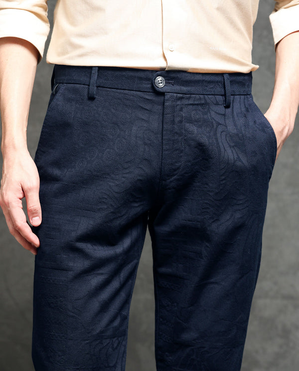 Rare Rabbit Men's Jeck-2 Navy Mid-Rise Regular Fit Premium Jacquard Trouser