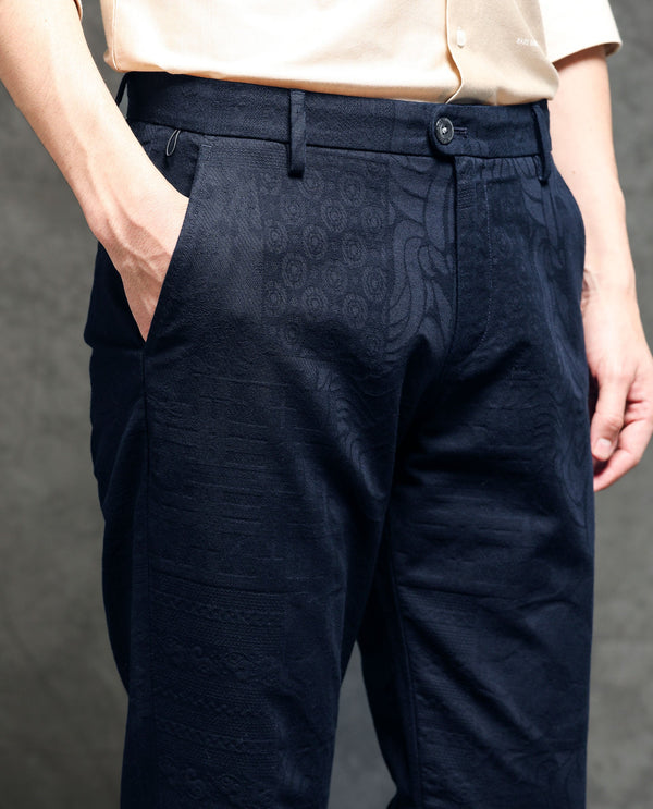 Rare Rabbit Men's Jeck-2 Navy Mid-Rise Regular Fit Premium Jacquard Trouser