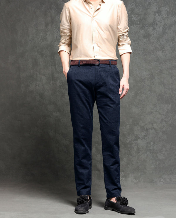 Rare Rabbit Men's Jeck-2 Navy Mid-Rise Regular Fit Premium Jacquard Trouser
