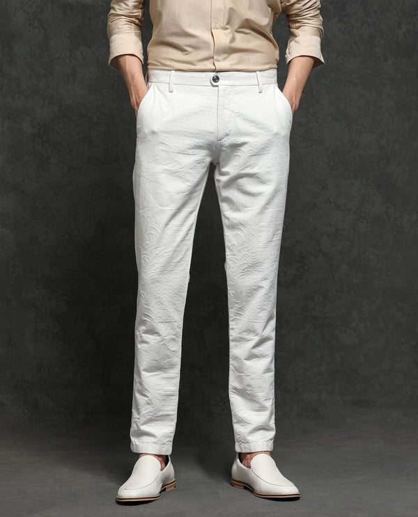 Rare Rabbit Men's Jeck-2 White Mid-Rise Regular Fit Premium Jacquard Trouser