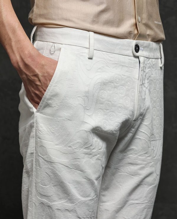 Rare Rabbit Men's Jeck-2 White Mid-Rise Regular Fit Premium Jacquard Trouser