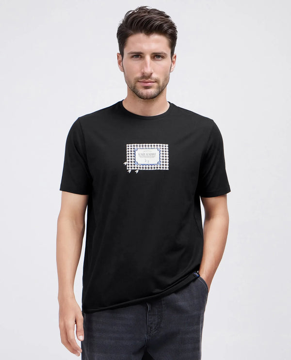 Rare Rabbit Men Jed Black Cotton Lycra Fabric Short Sleeve Crew Neck Graphic Print T-Shirt