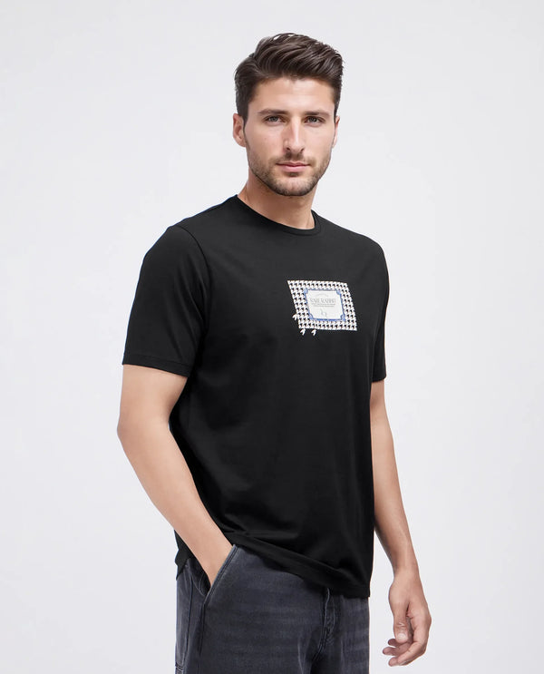 Rare Rabbit Men Jed Black Cotton Lycra Fabric Short Sleeve Crew Neck Graphic Print T-Shirt