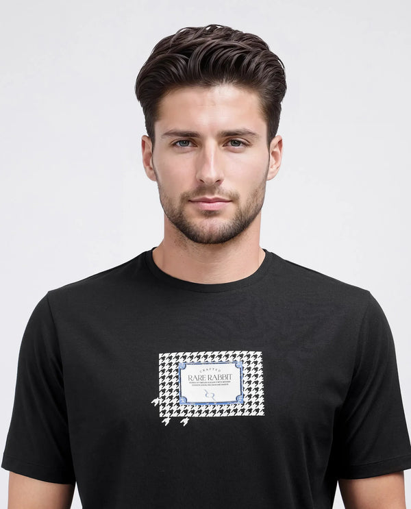 Rare Rabbit Men Jed Black Cotton Lycra Fabric Short Sleeve Crew Neck Graphic Print T-Shirt