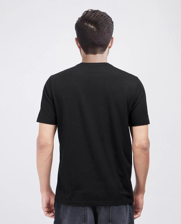Rare Rabbit Men Jed Black Cotton Lycra Fabric Short Sleeve Crew Neck Graphic Print T-Shirt
