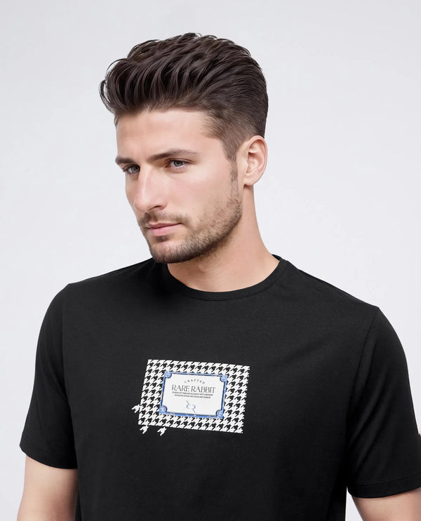 Rare Rabbit Men Jed Black Cotton Lycra Fabric Short Sleeve Crew Neck Graphic Print T-Shirt