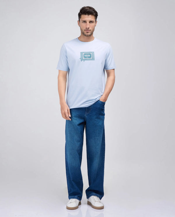 Rare Rabbit Men Jed Dusky Blue Cotton Lycra Fabric Short Sleeve Crew Neck Graphic Print T-Shirt