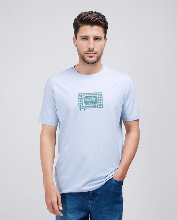 Rare Rabbit Men Jed Dusky Blue Cotton Lycra Fabric Short Sleeve Crew Neck Graphic Print T-Shirt